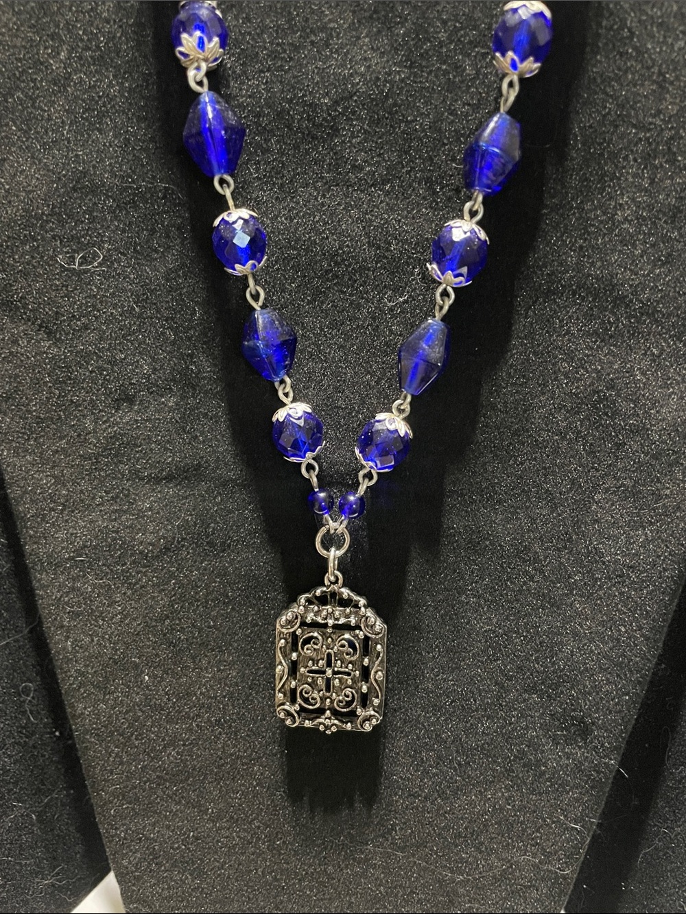 Handcrafted Blue Beaded Pendant Necklace.  M’s